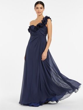 Silk maxi cocktail dress Rickie Freeman Teri Jon blue one shoulder woven size 12